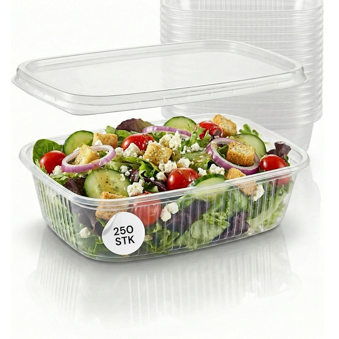 250 bols à sauce et à salade (125 ml), robustes avec couvercle à clic - Transparents, rectangulaires, jetables, aptes au contact alimentaire, restauration, réutilisables