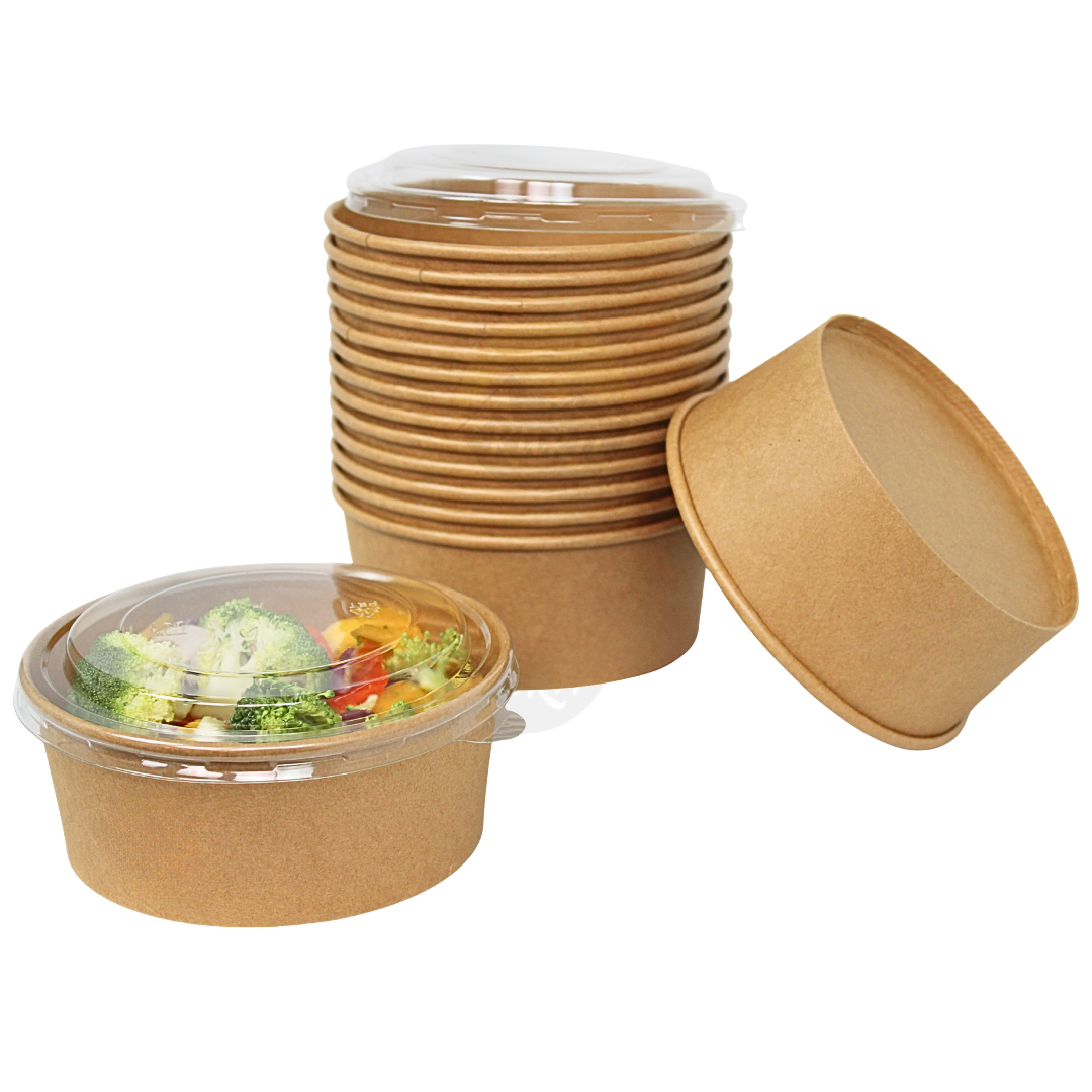 150x Kartonnen Saladebakjes inclusief RPET deksel 750 ml
