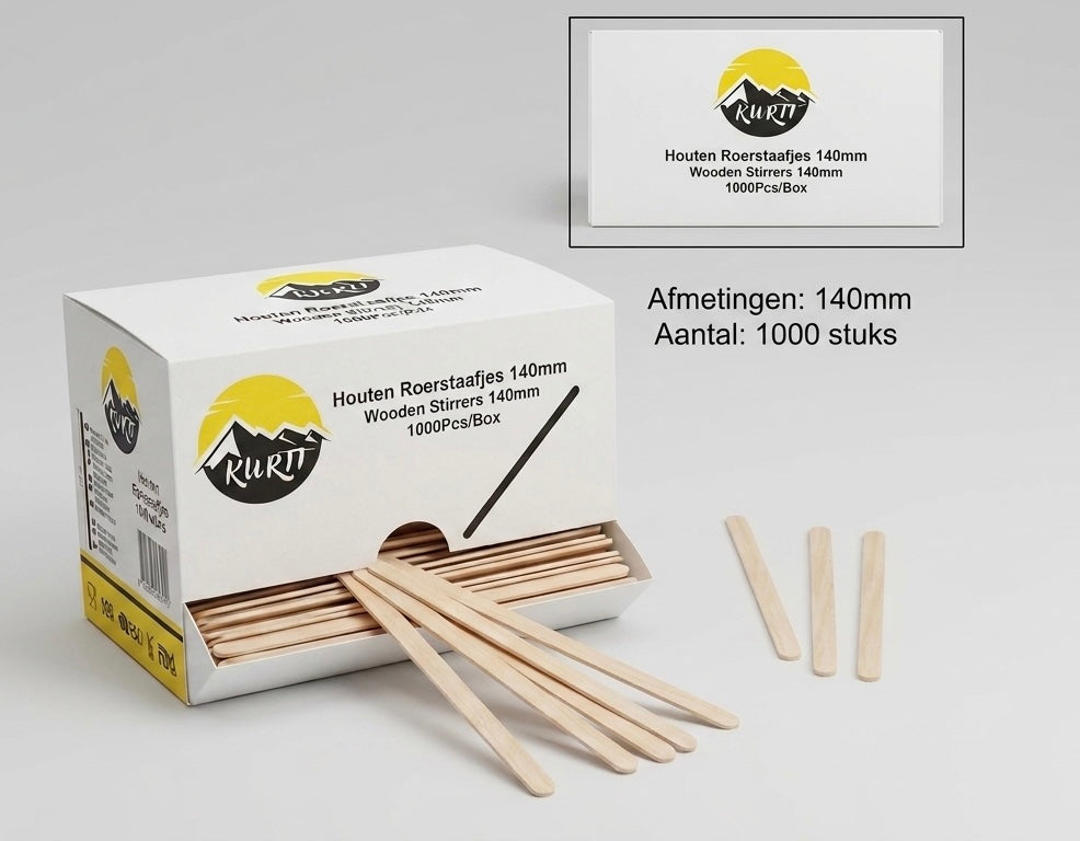 Houten Roerstaafjes Kurtt – Dispenser met 1000 Stuks voor Koffie & Thee