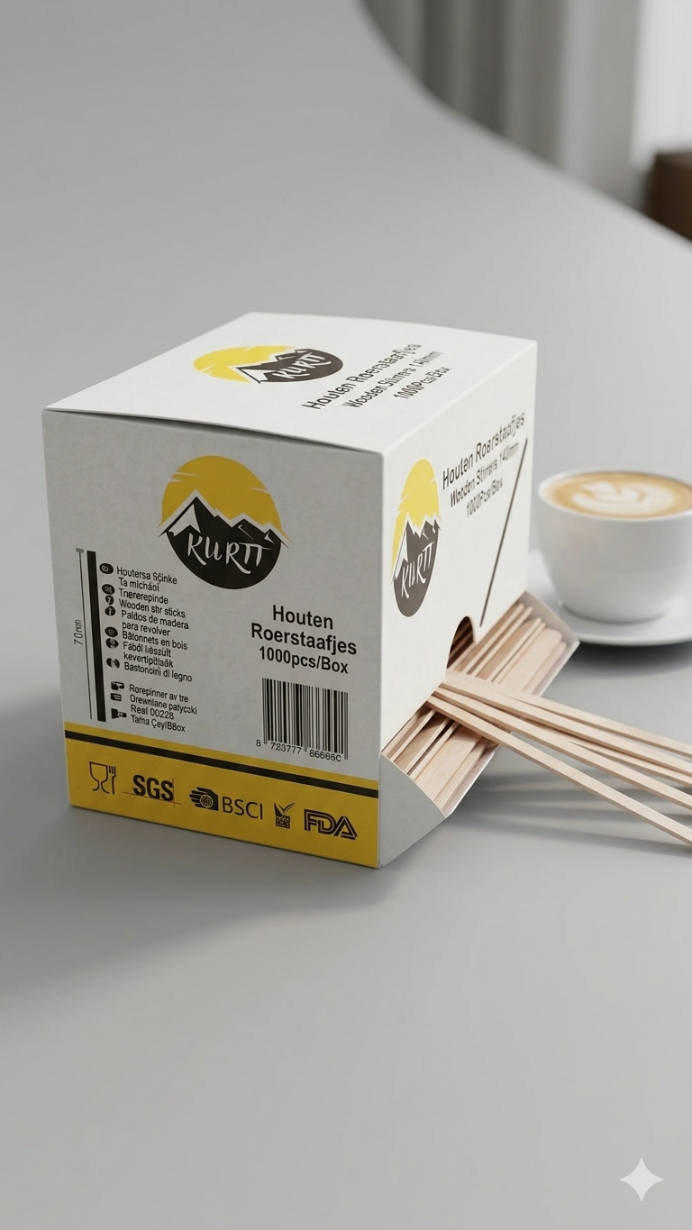 Houten Roerstaafjes Kurtt – Dispenser met 1000 Stuks voor Koffie & Thee