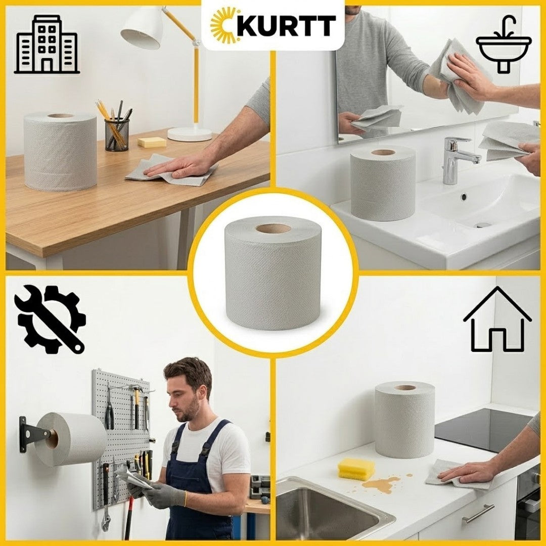 6x Poetsrol 300M 1-laags grijs (recycled) poetspapier dispenser geschikt - absorbeert uitstekend