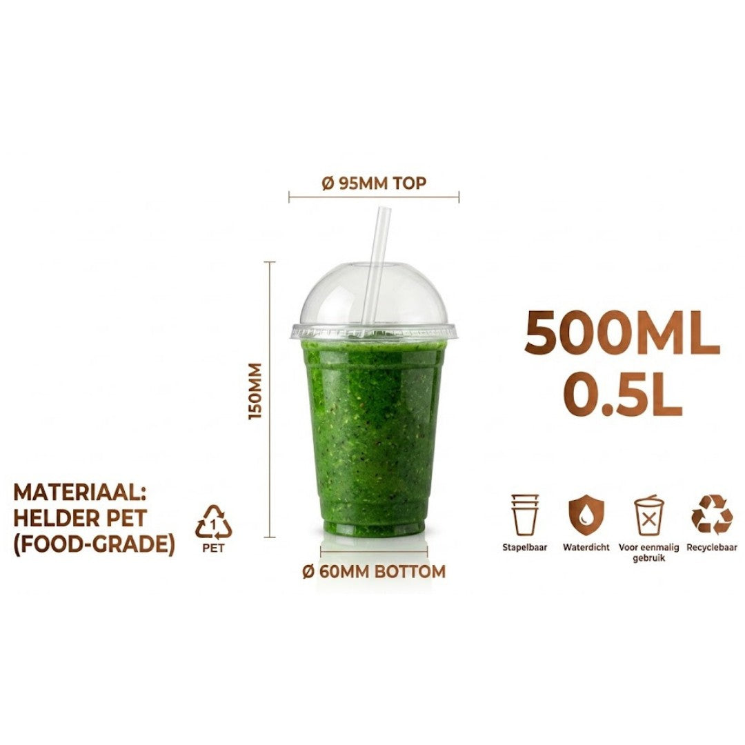 100x Smoothiebekers met Deksel 500ml Transparant Plastic