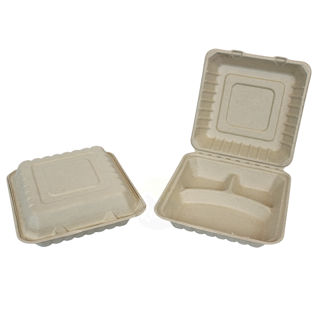 Bagasse Menubox 3-vaks Bruin 236x231x81 mm – 100 stuks
