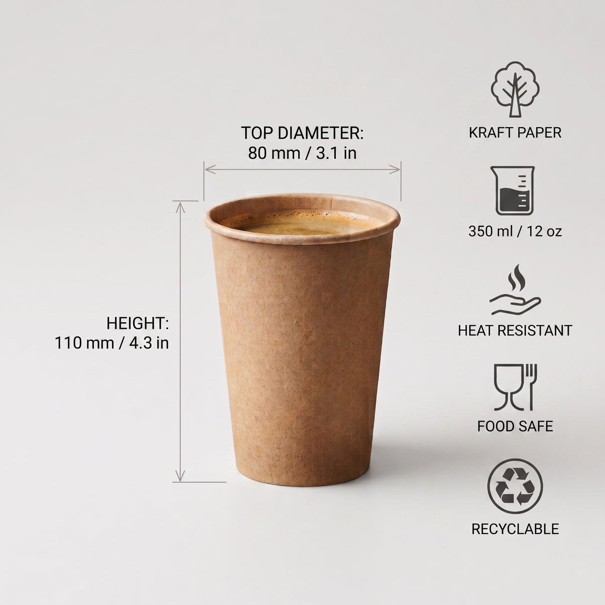 Koffiebekers To Go 300ml 12oz Kraft Slim 80mm
