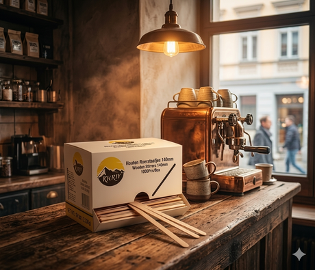 Een doos met Kurtt houten roerstaafjes in een koffiezaak