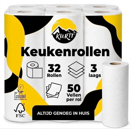 Keukenrollen 3-Laags 32, 64 of 96 Rollen – 50 Vellen per Rol – Keukenpapier Voordeelverpakking