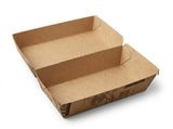 Open kraft hamburgerdoos met krantenprint