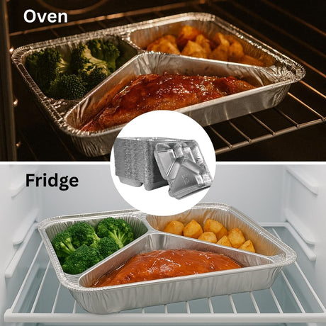 Aluminium Bakjes 3-Vaks met Deksel 100 Stuks – Menuschaal Take Away, Catering