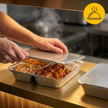 Aluminium Bakjes 3-Vaks met Deksel 100 Stuks – Menuschaal Take Away, Catering