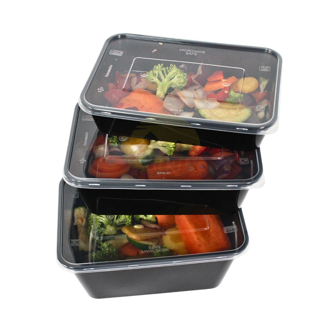 Plateaux à micro-ondes avec couvercle noir 650 ml - 50 pièces