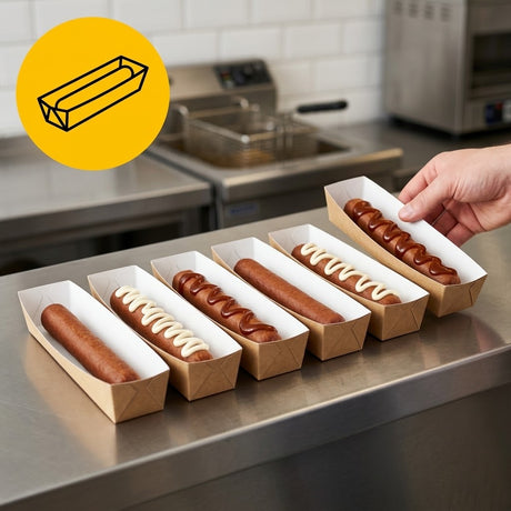 Kraft frikandelbakjes met witte binnenkant gevuld met hotdogs
