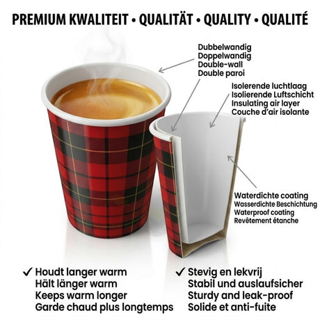 2500x 7.5oz/180ml, Koffiebekers to go - karton 'schotse ruit' inclusief sup