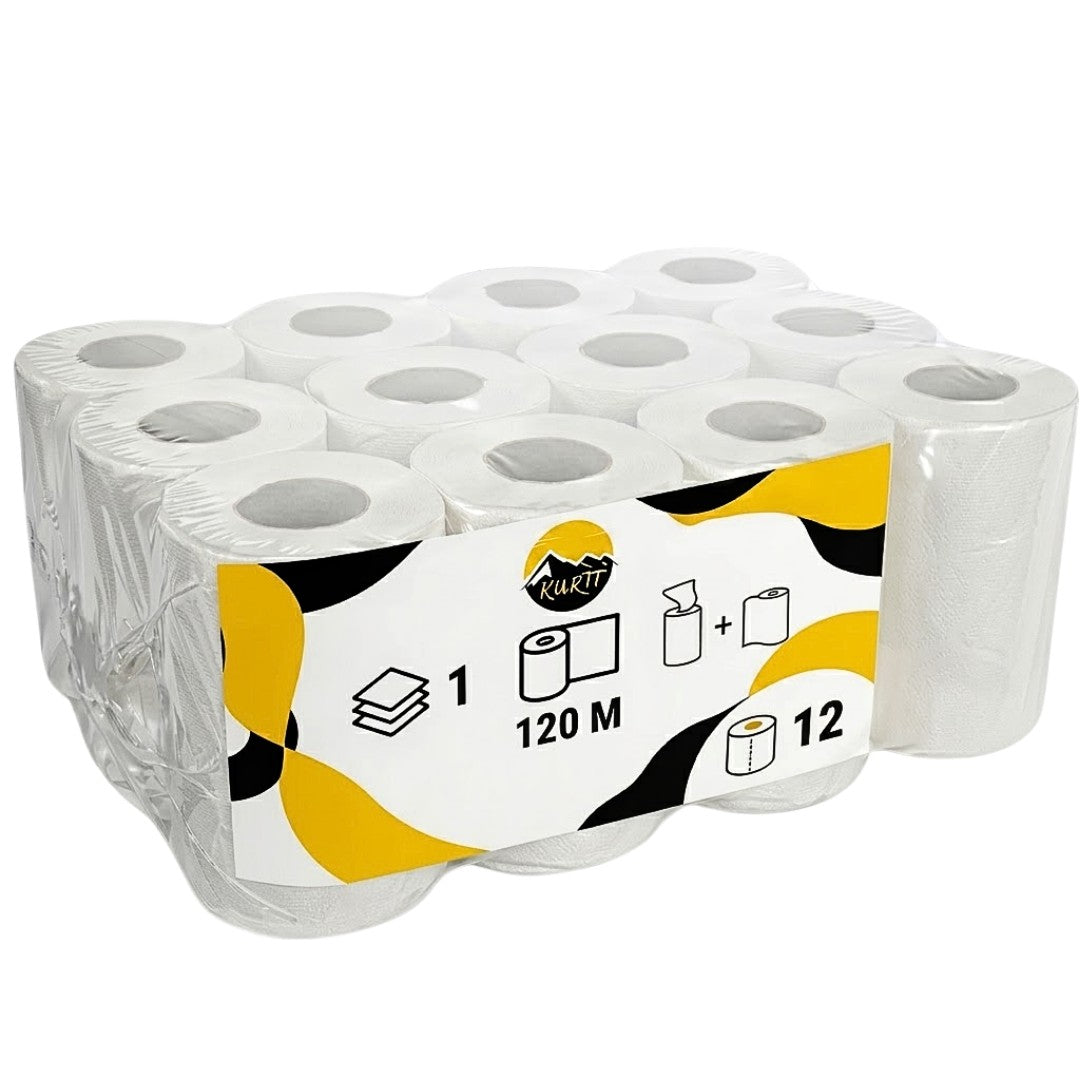 Mini Poetsrollen 1-laags 120m met koker | Centerfeed Dispenser Navulling | 12 Rollen