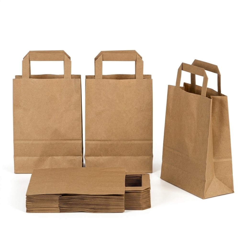 Papieren draagtassen klein 18x08x22cm Bruin – Tasjes horeca - plat handvat