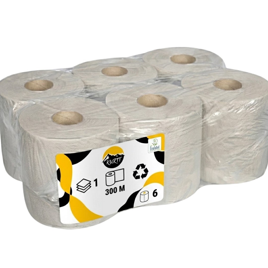 6x Poetsrol 300M 1-laags grijs (recycled) poetspapier dispenser geschikt - absorbeert uitstekend