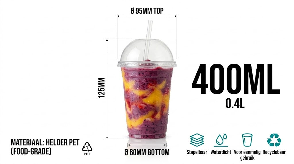 100x Smoothiebekers met Deksel 400ml Transparant Plastic