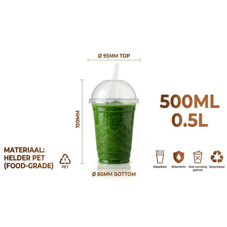 100x Smoothiebekers met Deksel 500ml Transparant Plastic