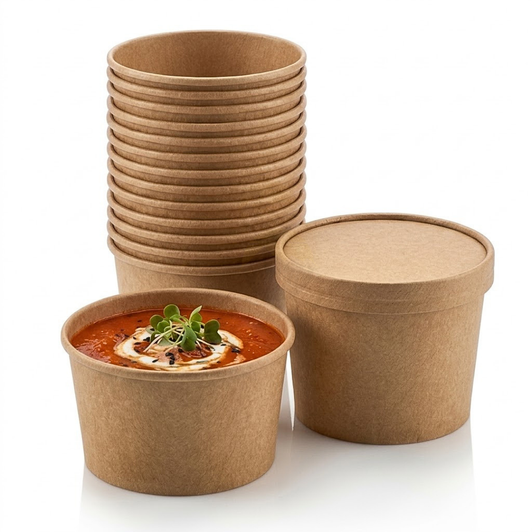 100x Kartonnen Soepbeker met Deksel 500ml – Kraft Papier, Wegwerp Horeca Catering